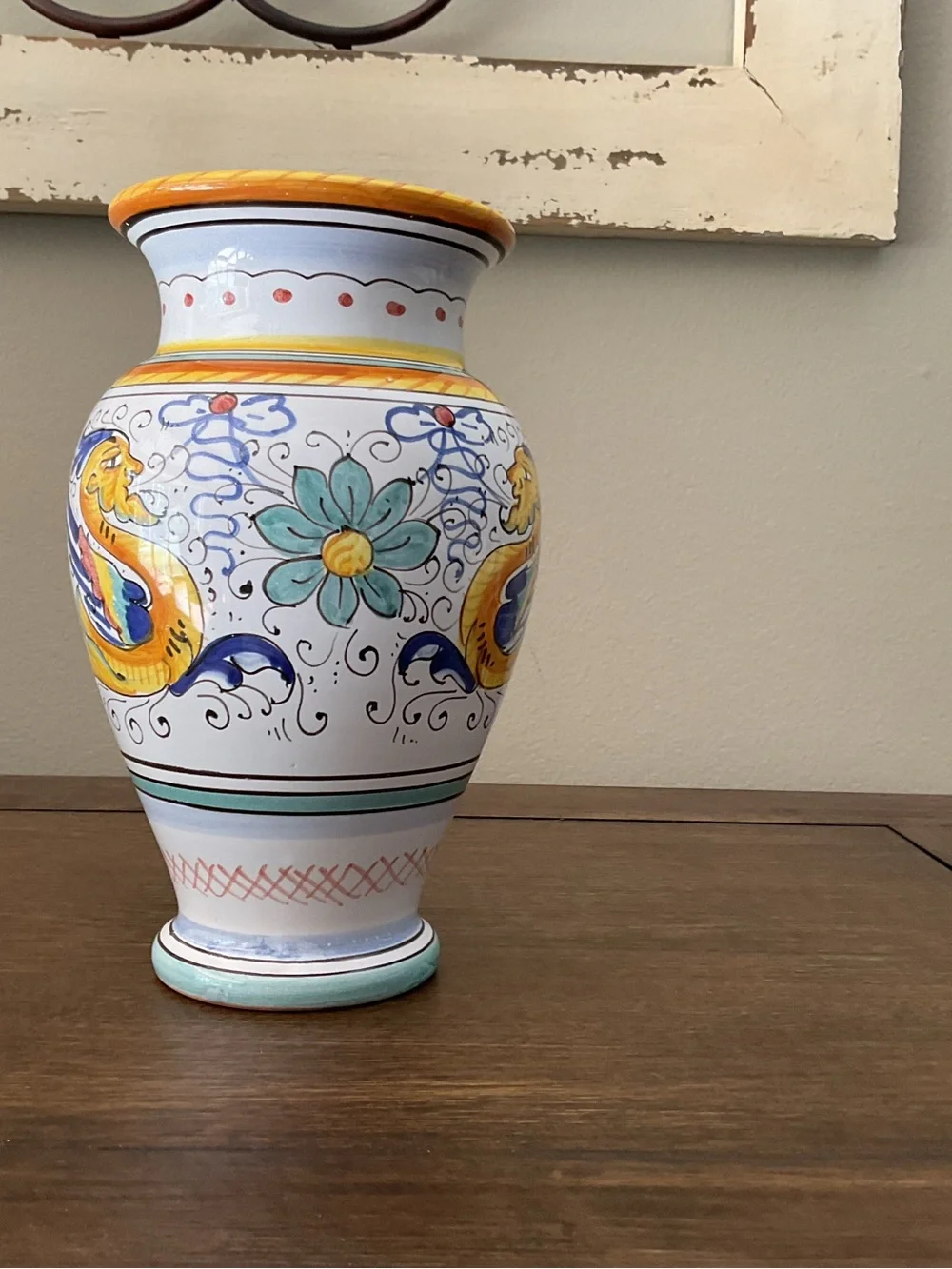 Hand-Painted Ceramic Accent Vase in White with Yellow & Blue Motifs